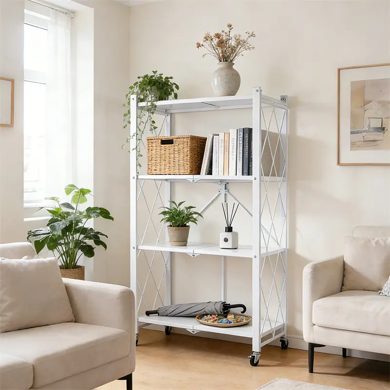 4-Tier Rolling Storage Organizer Cart - 49"H Heavy-Duty Steel Rack Shelf, No Assembly Required, Slim-Fold Design, 2-Mode Mobility Storage System Shelf for Kitchen, Studio Apartments (White)