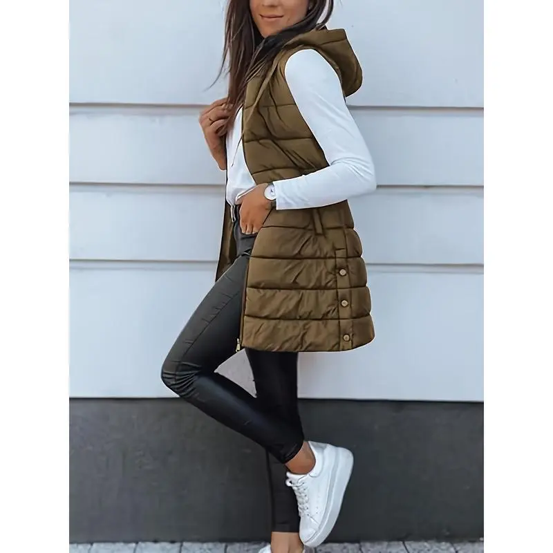 Women's Casual Hooded Quilted Puffer Vest - Sleeveless, Solid Khaki, with Pockets, XXL, Autumn-Winter Tops