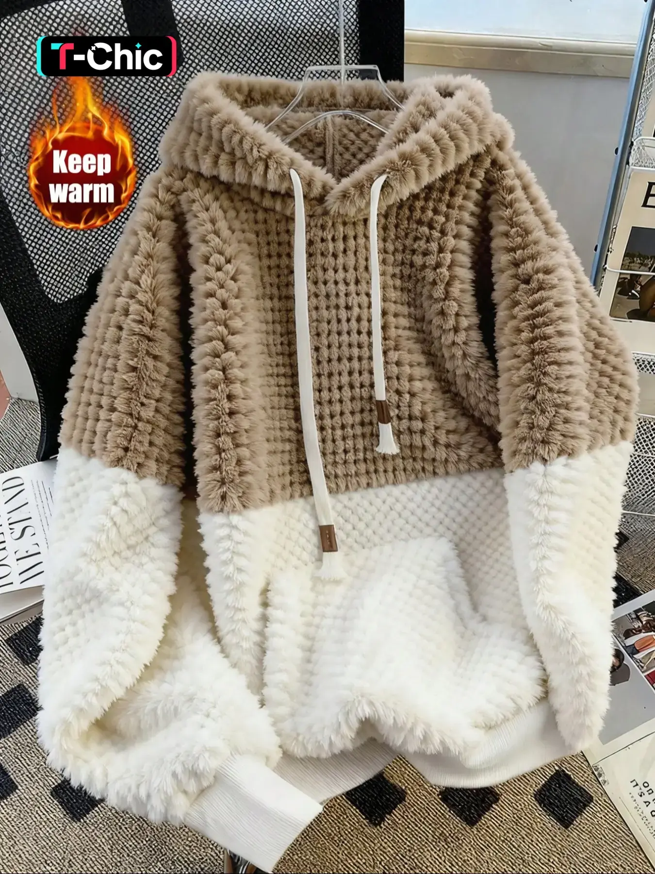 Women's Color Blocking Hooded Hoodie Sweatshirt, Casual Comfy Pullover, Casual Pullover Hoodies, Plush Soft, Fluffy, Fall & Winter Warm Casual Wear, Loose-Fitting Daily, Womenswear, Everyday