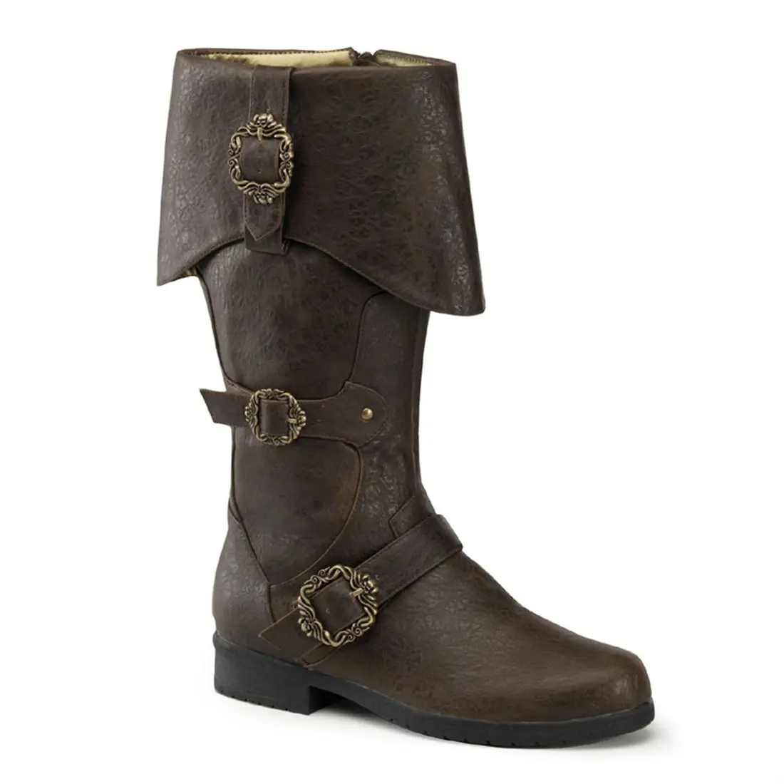 Men's Pirate Cuffed Knee Boots - Caribbean-299 Statement Shoes with Maritime Charm, Octopus Buckles, Low Comfortable Heels, Side Zipper Alternative Style Footwear, Design, Cosplay Event, Knee Boot, 1.5 In, Flat Heel, Pirate Theme, High-Quality Craftsmansh