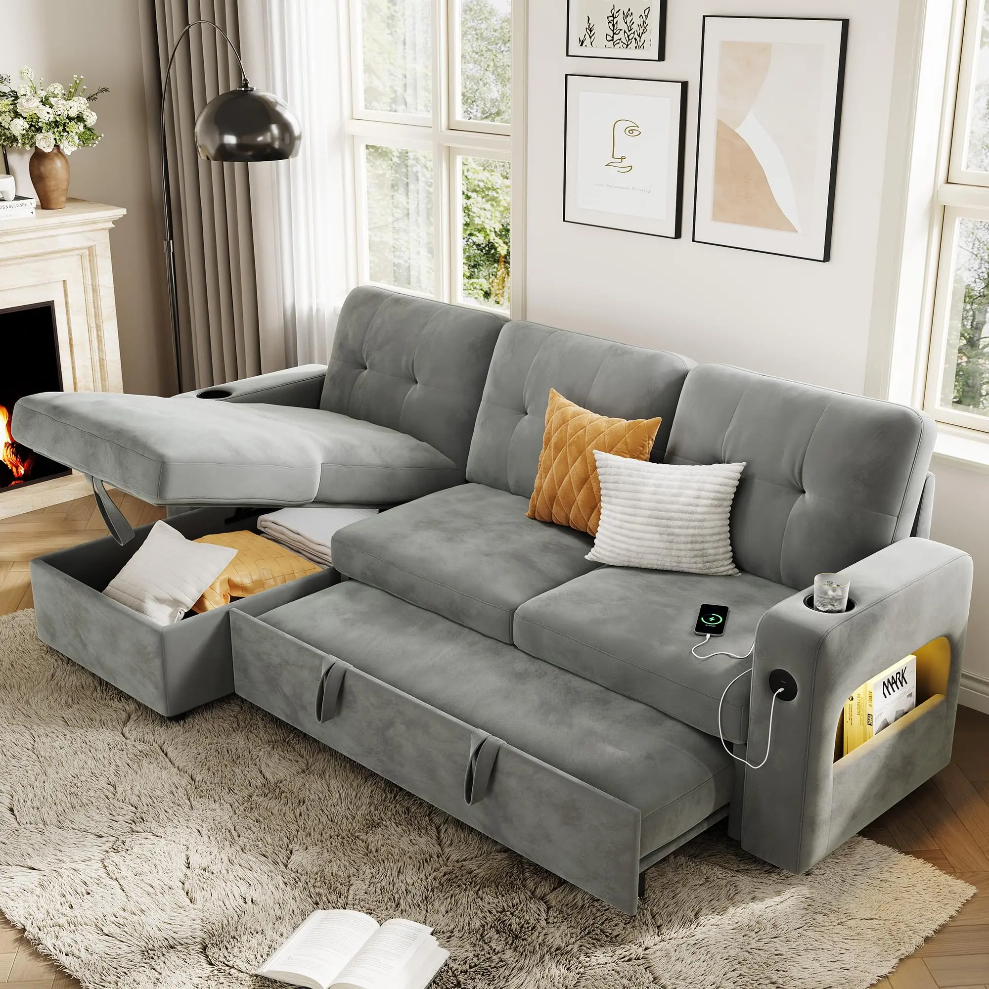 Garvee 84"x52.5" Modern L-Shaped Velvet 2-in-1 Transforming Sleeper Sectional Couch - Built-in Power Port, USB-Type-C Ports, LED Lights, Reversible Chaise, Storage, Indoor Sofa Bed, Modular Sectional Couch, Bed Conversion Sofa Sets, Living Room Furniture,
