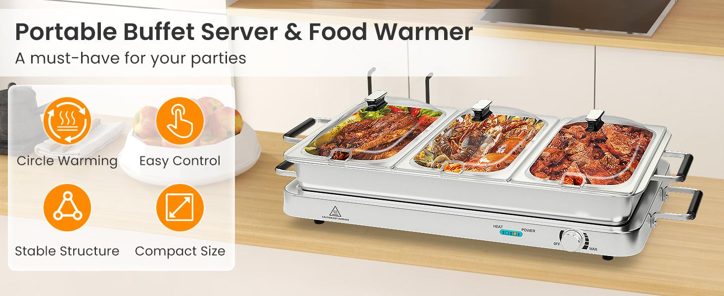COSTWAY Buffet Servers and Warmers, 2 in 1 Electric Warming Tray, Stainless Steel Chafing Dish with Temperature Control, 3 Serving Trays, 4.5/8 Qt Food Warmers Station for Parties Banquets Events, Dishwasher Safe, Christmas Gift Black Friday Cyber Monday