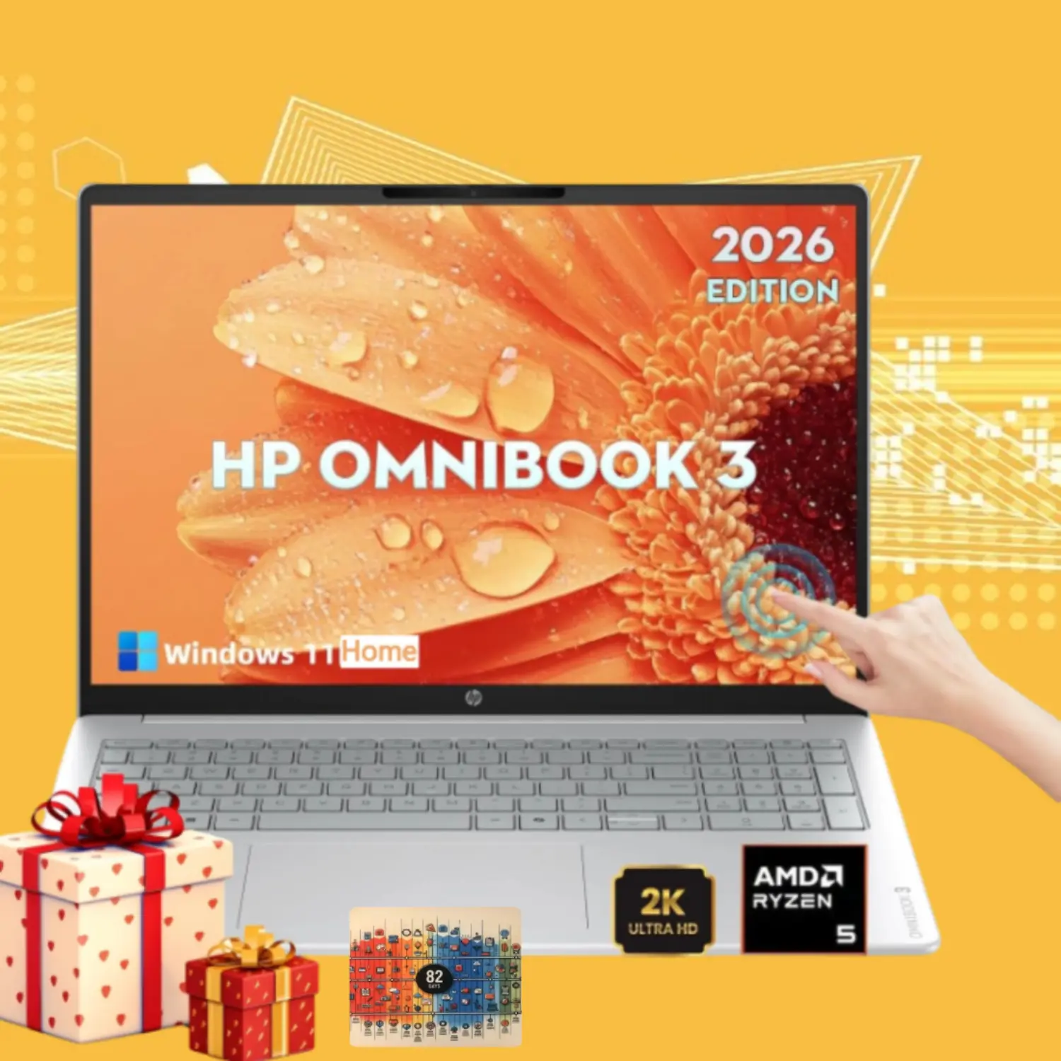 HP OmniBook 16'' 2K IPS Touchscreen Laptop 2026 Edition, AMD Ryzen 5 40, Up To 8GB RAM, 512GB SSD, Radeon 610M Graphics, FHD Camera, Copilot AI, Windows 11 Home, For Business Use, Bundle Accessories