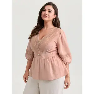 【Summer Turn-Up】【V-neck】BlOOMCHIC Plus Size Lace V-Neckline Cinched-Flared Blouse [M-6X] 2026 Summer Pick for Mother's Day