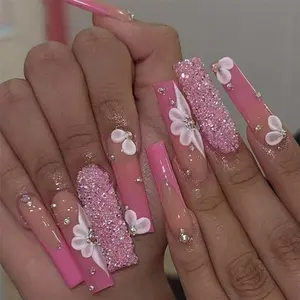 Press on Nails Long Coffin French Tips Glossy Full Cover Acrylic Extra Long Square Pink False Nails with Flower Rhinestone Designs Artificial Fake Nails with Charm Glue Stick on Fingernails for Women