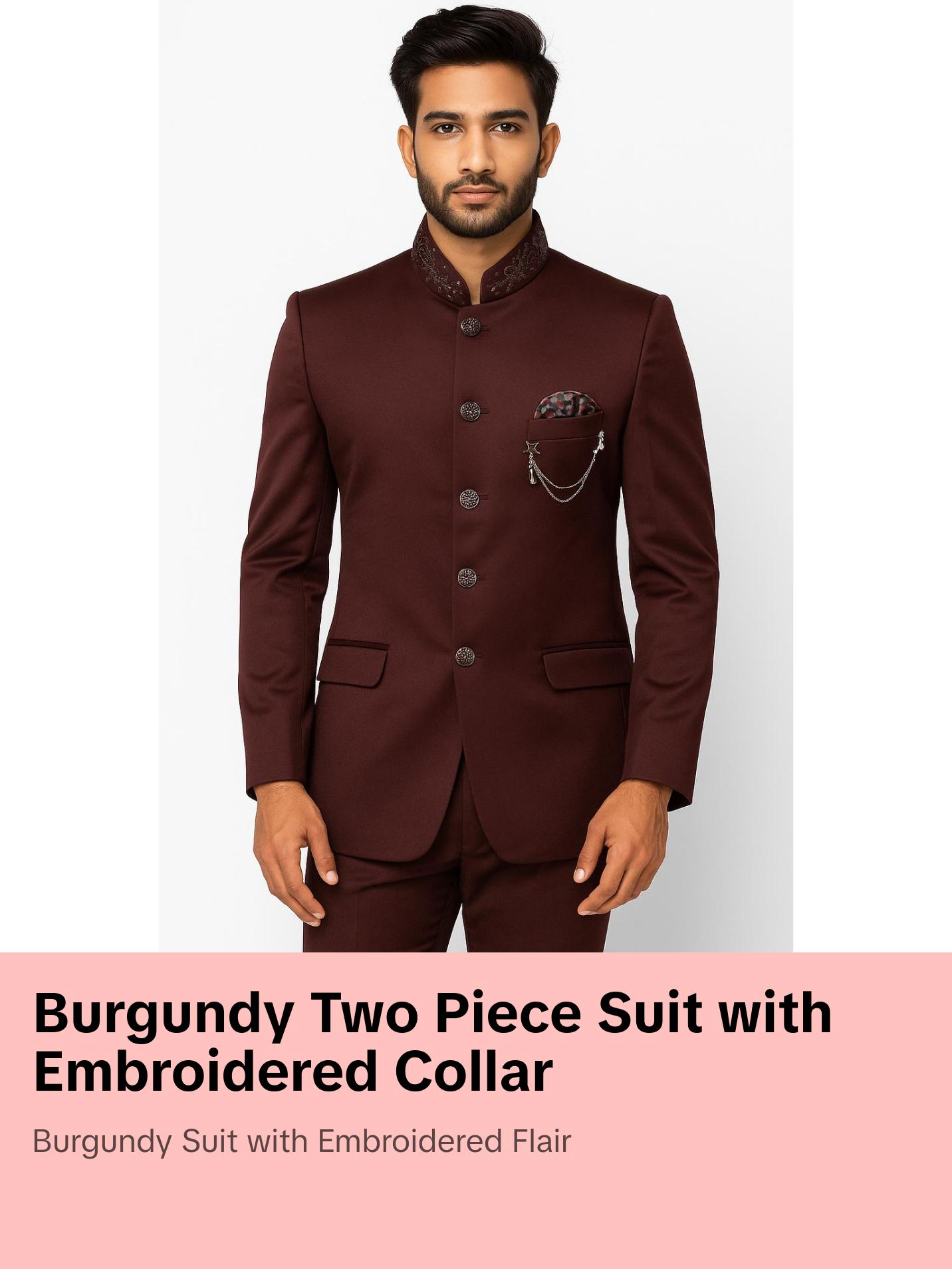 Burgundy Colored Two Piece Suit for Men with Hand Embroidered Collar