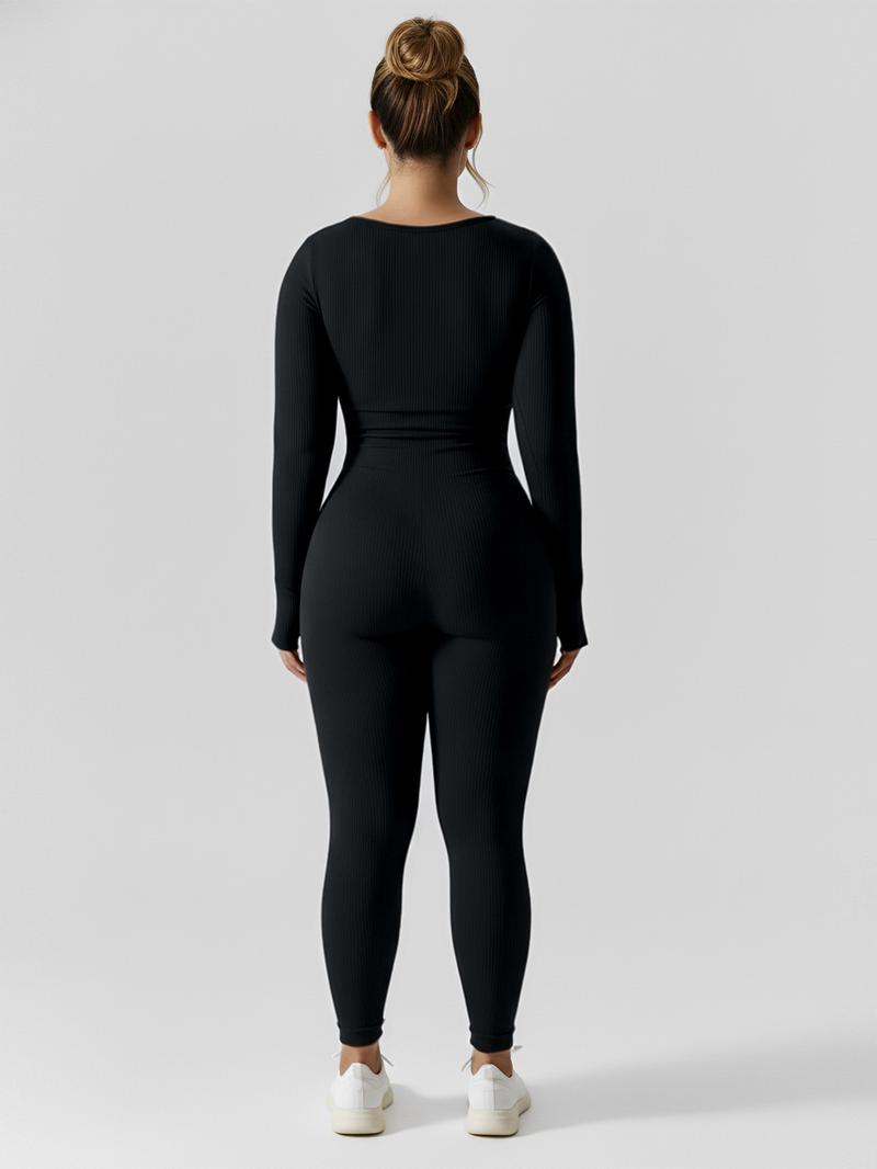 Women's High-Waisted Yoga Bodysuit Quick-Dry Long Sleeve Workout Top with Removable Pads High-Elasticity Slim Fit for Running Gym & Training Solid Black All-Season Fitness Apparel Tummy Control Jumpsuit Stylish Activewear