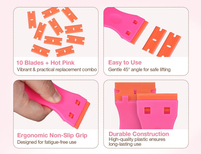 GOO GOO Tape Remover Scraper Tool Plastic Razor Blade Scraper with 10 Orange Replacement Blades, Hot Pink Plastic Scraper for Tape in Extensions, Effectively Removes Tape Residue