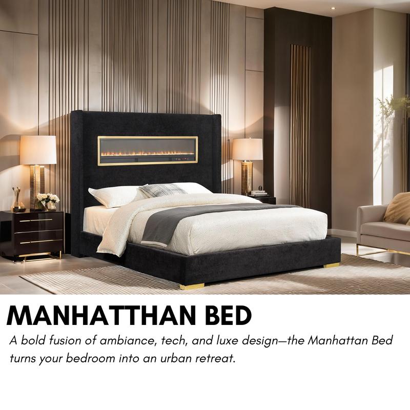 Manhattan Platform Bed with 3D Flame Headboard, Bluetooth Audio, USB Charging Ports