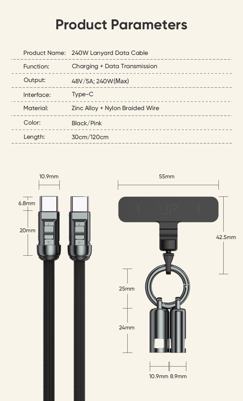 240W USB-C Fast Charging Phone Lanyard 7mm Nylon Crossbody Wrist Strap Lanyard Data Cable 2 in 1 Smartphone Cellphone Flexible Travel Charger