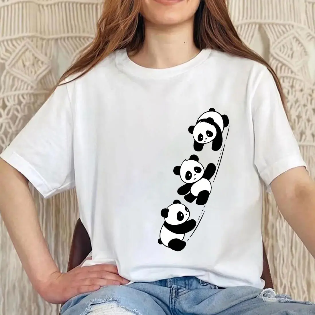Women Short Sleeve Top Summer New Pocket Panda Cartoon Printed T-shirt Korean Fashion Women Tops Loose Round Neck T Shirt Women Casual Crewneck