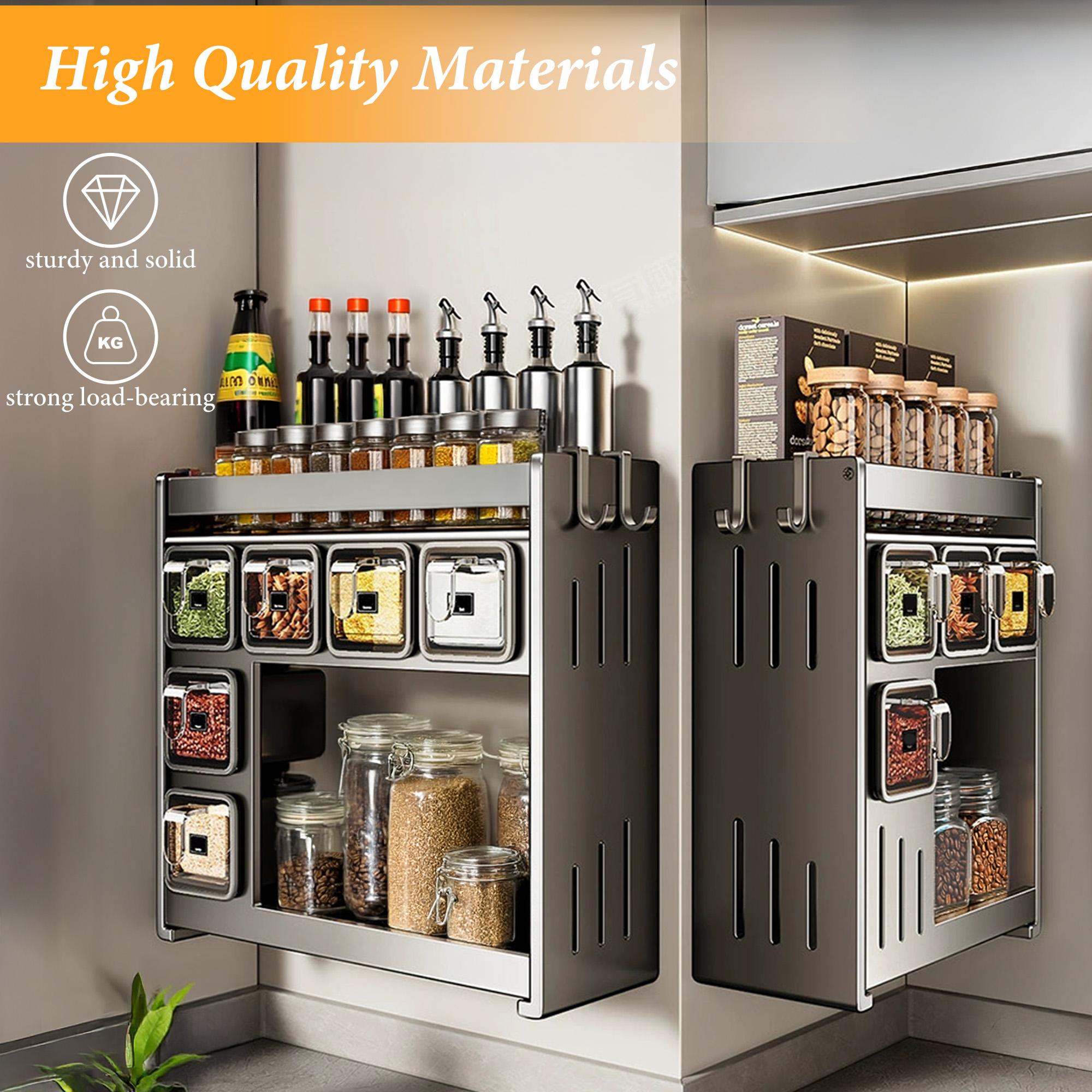 Bepatio Spice Rack Set, Space Saving 1pc Easy-Install Carbon Steel Spice Rack Set, Includes Seasoning Containers & Cans for Kitchen Organization, Spice Racks for Kitchen No Drill Needed