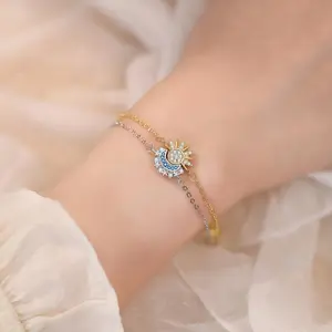 SGGUI Sun Moon Bracelet Set Stackable Bracelet for Women Men,Adjustable Magnetic Sparkling Gold Sun Ring/Blue Moon Bracelet Couple Bracelet Matching Bracelet as Friendship Best Friend Jewelry for