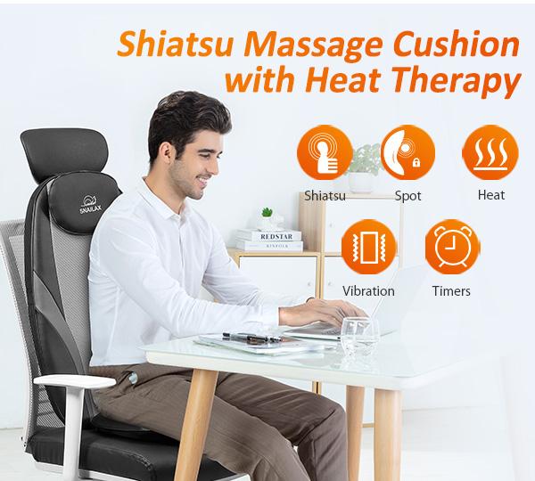 SNAILAX Shiatsu Back Massager with Heat & Vibration Full Back Coverage Massage Seat Cushion Adjustable Luxury Relaxation Aid for Home Office Use