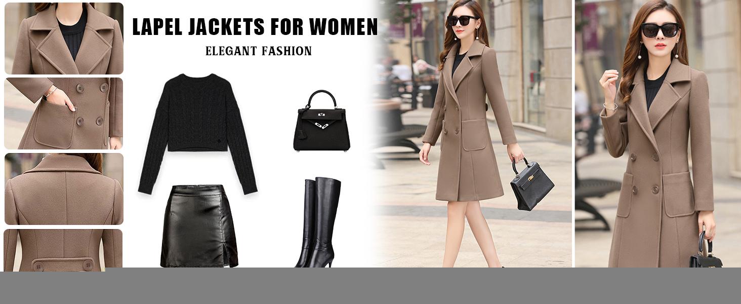 Tanming Women Winter Wool Blend Camel Mid-Long Coat Notch Double-Breasted Lapel Jacket Outwear Womenswear Fitted