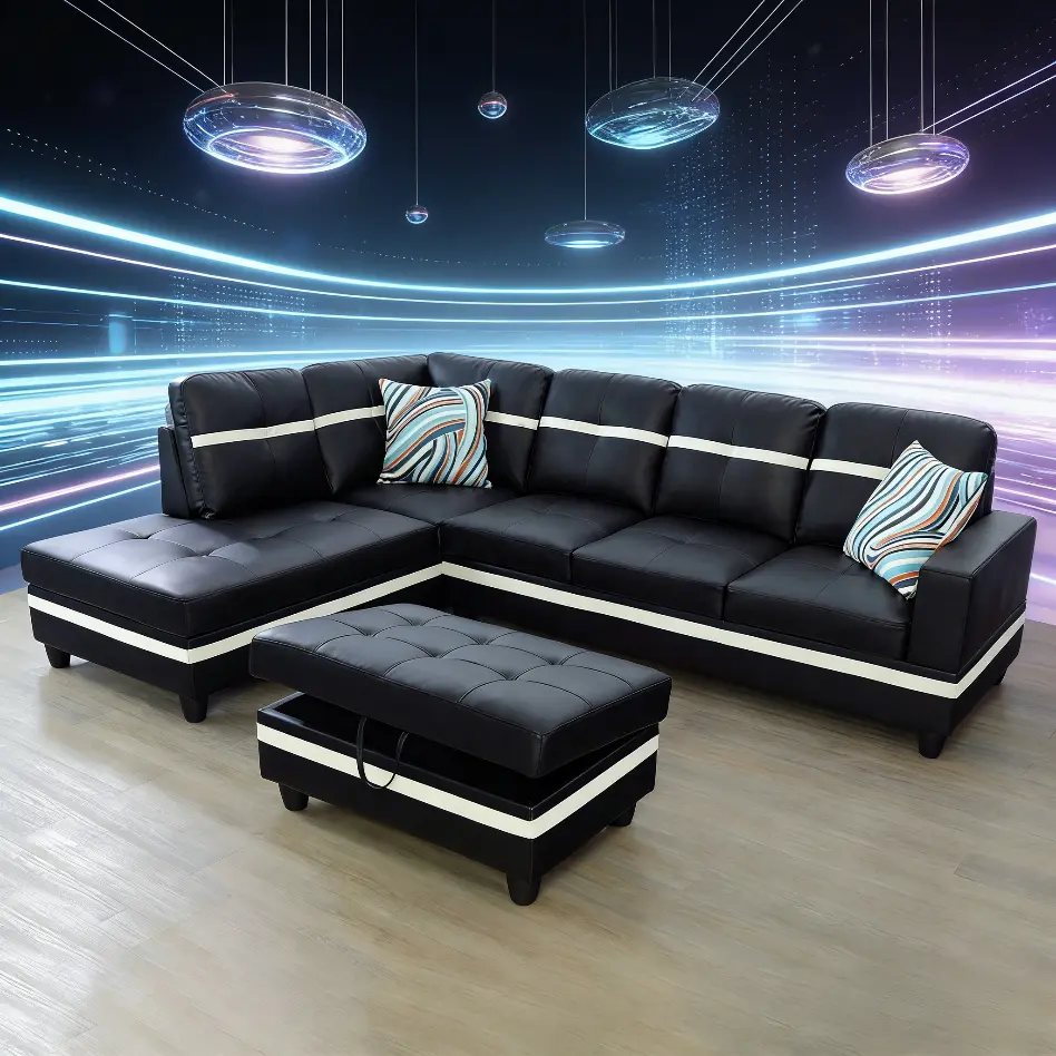 105 in Oversized Faux Leather Reversible Sectional Sofa - 3-Package Shipping, Soft Seats, Modern Black & White Upholstered Couches, Modern Sofas Set for Living Room Indoor Furniture