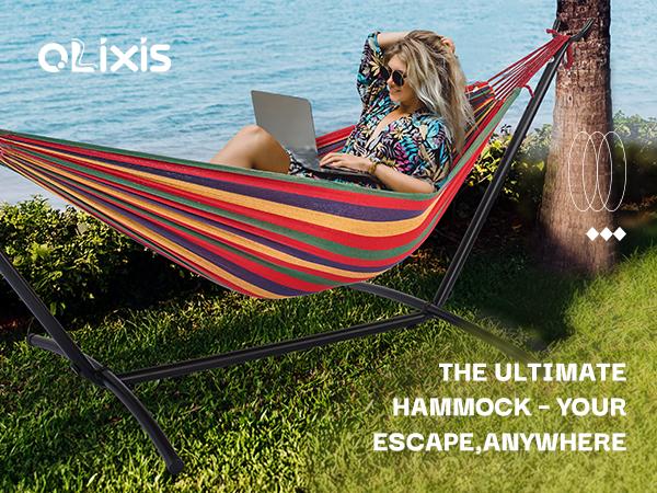 Double Hammock with Space Saving Steel Stand Heavy Duty 2 Person Standing Hammocks 450lb Capacity for Outside Garden Yard with Portable Carrying Bag