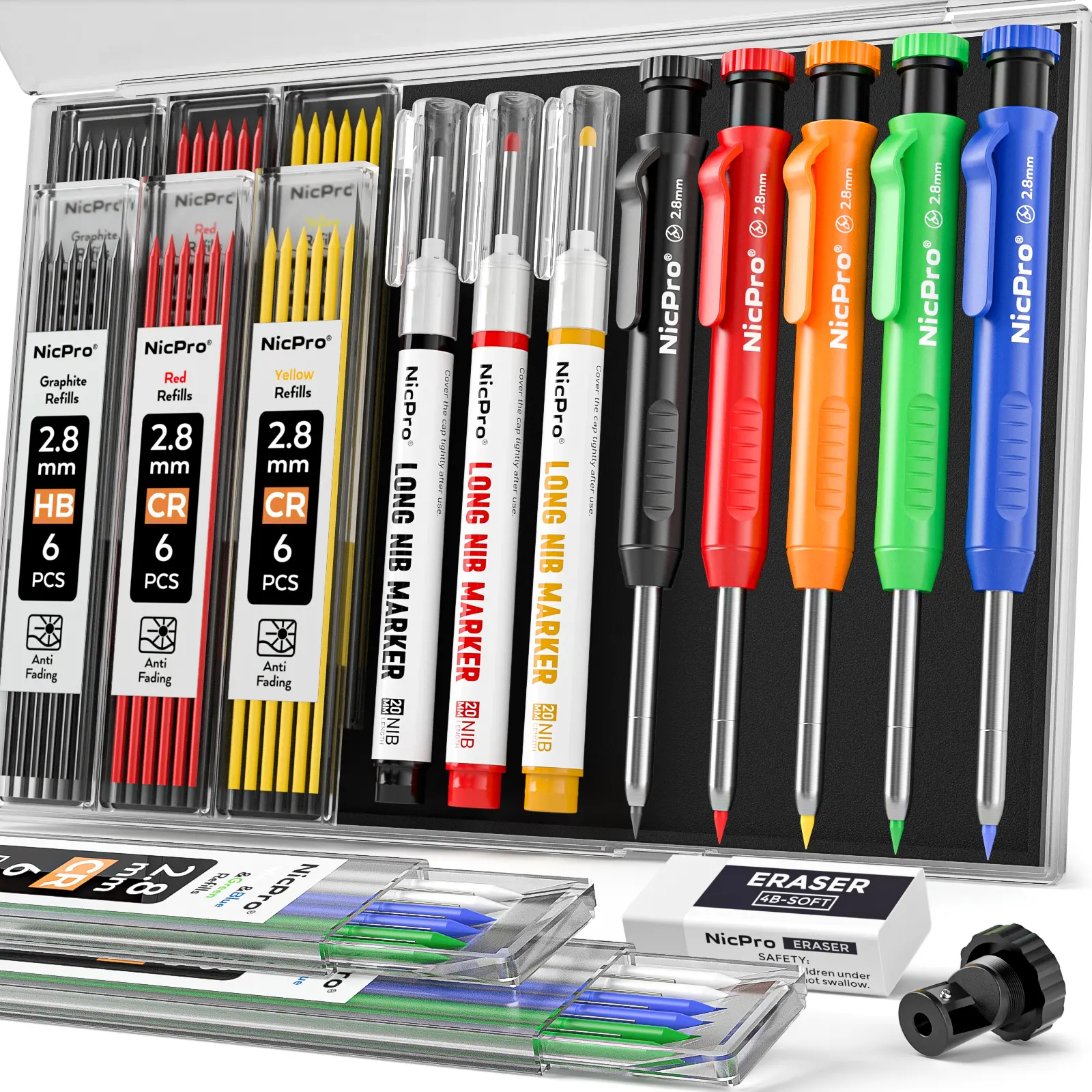 Nicpro Carpenter Pencil with Sharpener, Mechanical Carpenter Pencils with Refills, Deep Hole Long Nib Marker Pens for Construction, Heavy Duty Woodworking Pencil for Architect Marking,back to school,back to school haul