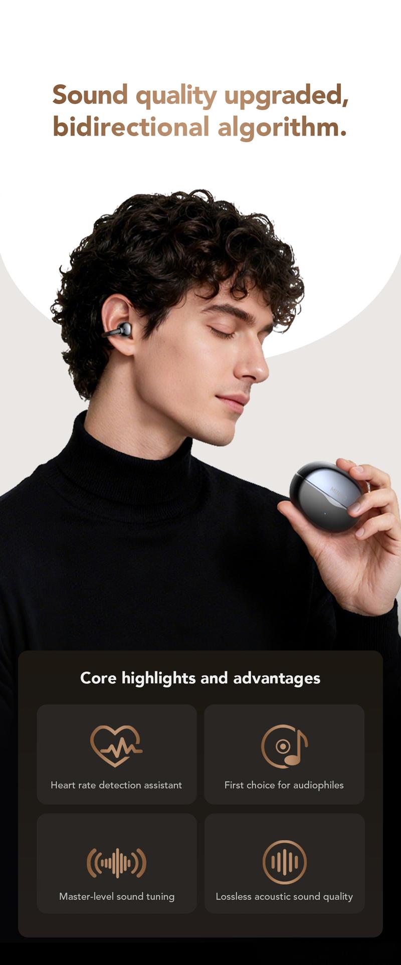 MINISO MS503 Heart Rate Monitoring Earbuds, Support Heart Rate and Blood Oxygen Detection,Clip On Wireless Headphones, Bluetooth 6.0 Earphones,  IPX5 Waterproof Audio Earbuds for Music & Calls, Comfortable for Sports