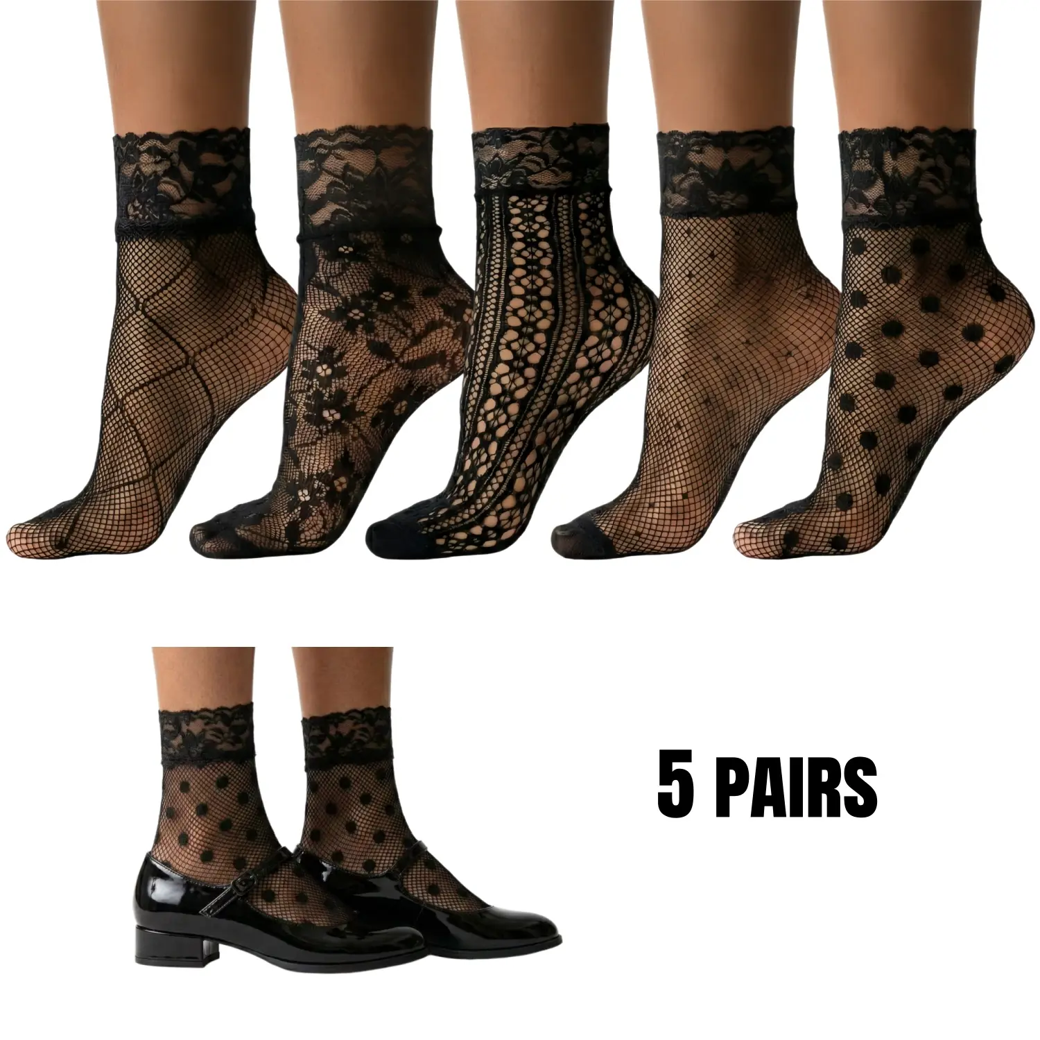 Women's 5 Pack Patterned Lace Ankle Socks - Ruffled Lace Trim Anklet Socks, Elegant Ruffle Edge Design for Comfort, Breathable & Feminine Everyday Wear Date Night Socks