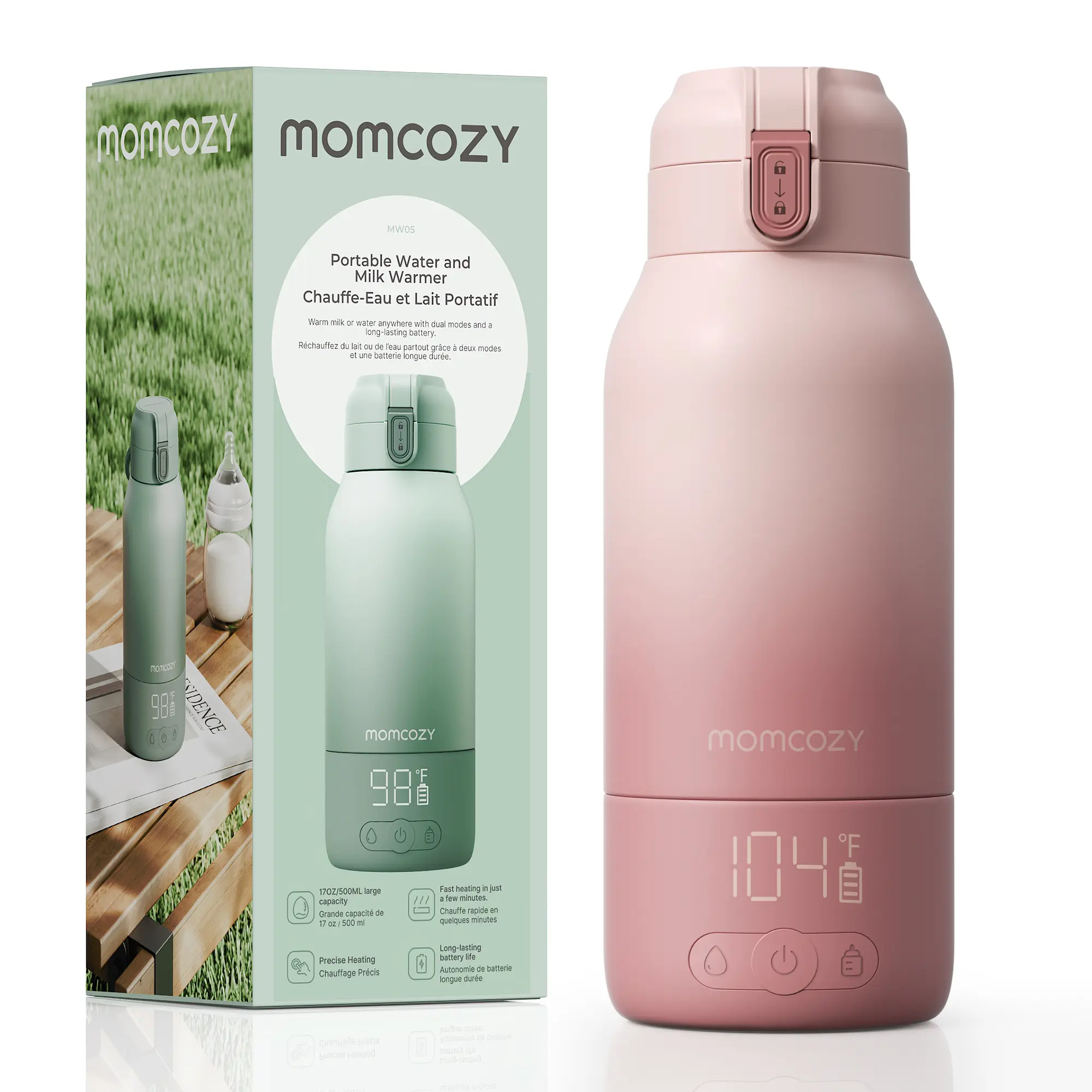 Momcozy Portable Milk Warmer for Travel – Dual Heating Modes for Breast Milk & Water, Portable Bottle Warmer with Fast Heating & Long Battery Life, 17 Ounces Large Capacity to Meet Your All-Day Needs