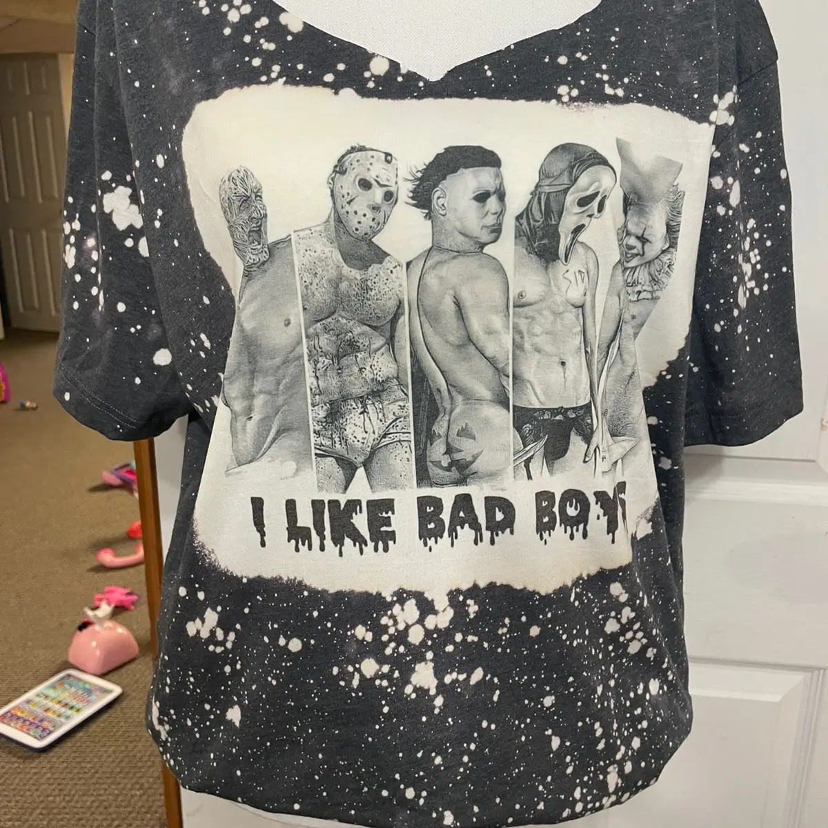 Custom v neck I like bad boys bleached T-Shirt
