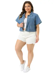 Agnes Orinda Plus Size Denim Jackets for Women Classic Short Sleeve Button Down Washed Cropped Jean Jacket