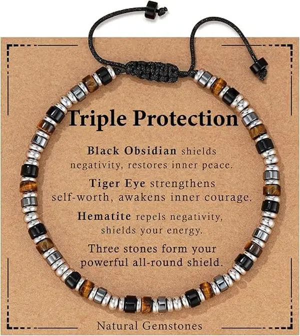 Men's Length-Adjustable Beaded Bracelets - Tiger Eye, Black Obsidian, Hematite Beads, Silver-Tone Spacers, Handmade Sliding Knot, 6.3-11.4 in, Hypoallergenic, Masculine, Everyday Wear Gift Costume Jewelry