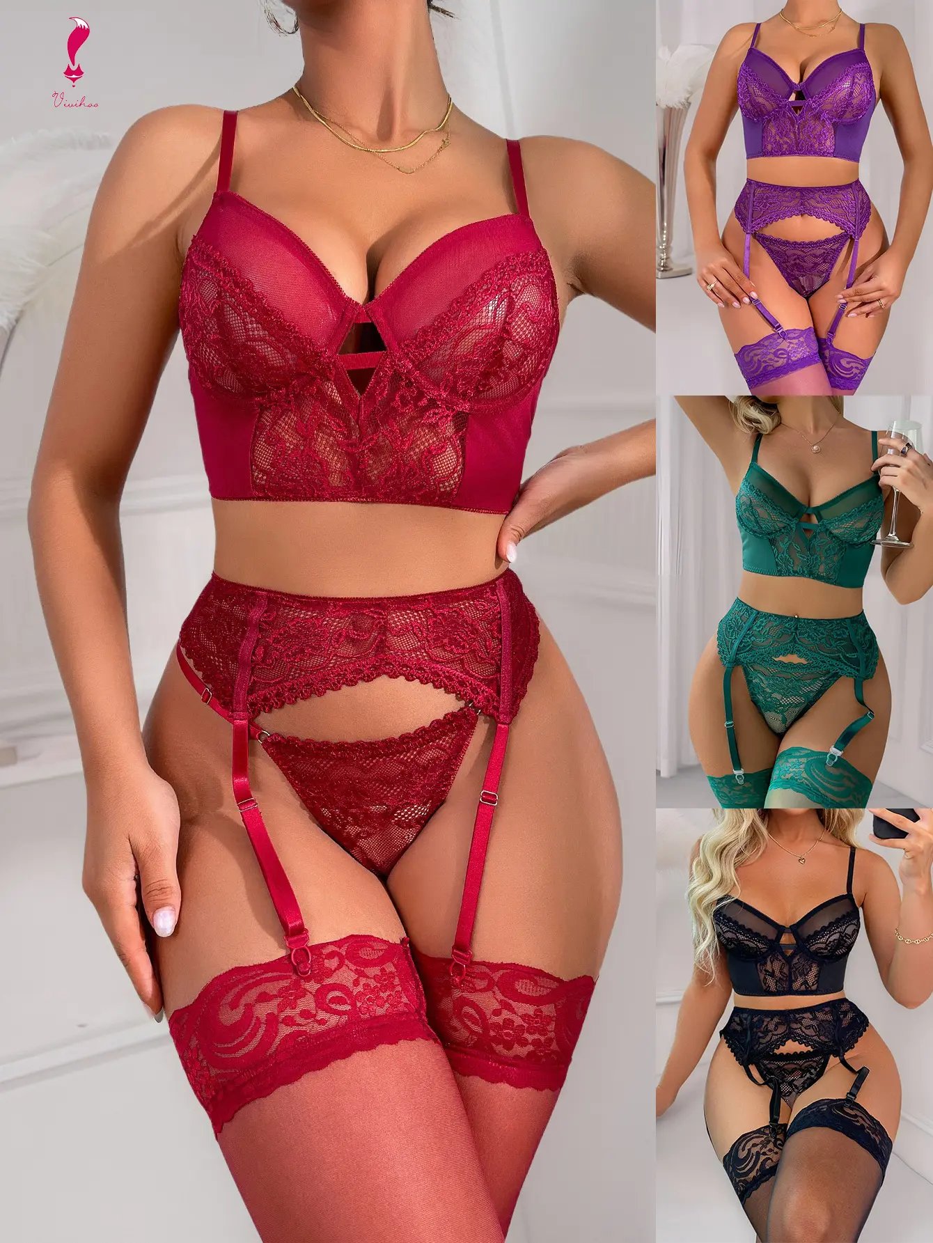 Women's 5-Piece Lacy Lingerie Nightwear Set - Soft Comfy Lingerie with Adjustable Garterbelt, Sheer Teddy Bra, Stockings, Halloween Gift
