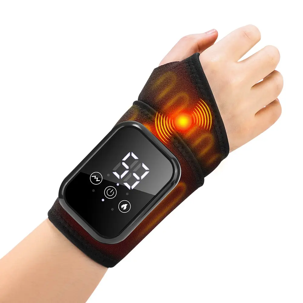 Black & Gray Heated Wrist Massager, 3 heat & 3 vibration modes, 2000mAh wireless charging, touch control, universal for both hands to ease wrist soreness