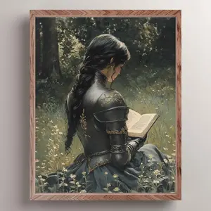 Lady Knight Reading In The Meadow Art Print, Dark Academia Wall Decor, Medieval Fantasy , Woman Knight Painting, Bookish Knight Gift I