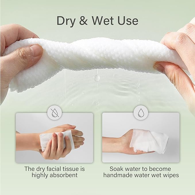 Unifree Face Clean Towels, Dry Facial Towels, Disposable, 100% Plant Fiber & Biodegradable, Ultra Soft & Thick, Large 7.9''x7.9'', Superabsorbent, Washcloth cleaning towel Natural  Sheet Skincare Comfort Bio-Degradable Silky Soft Single Use Tissues