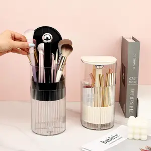 Dustproof Cosmetic Brush Holder, One-Touch Pop-Up Makeup Brush Organizer with Lid, 4-Compartment Large Capacity for Vanity, Bathroom Countertop, White
