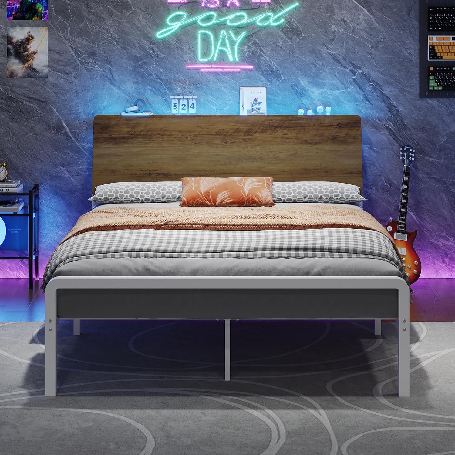 HOMBCK Bed Frame with Ergonomic Storage Headboard, Platform Metal Bed with LED Lights, Heavy Duty Metal Slats, No Box Spring Needed, Easy Assembly