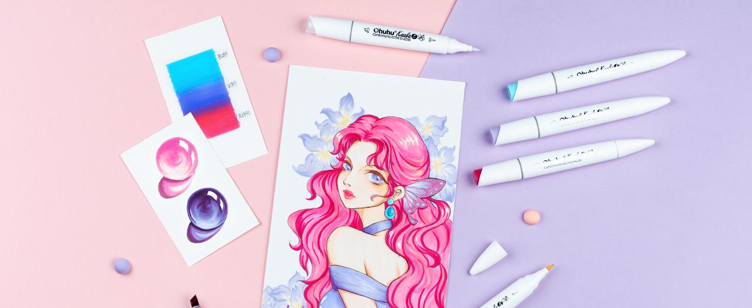 Ohuhu Alcohol Markers: Mini Brush & Slim Broad - 60 Illustration Colors - Dual Tip Brush Tip for Artists Adults Coloring Illustration- Refillable - Kaala B Series of Ohuhu
