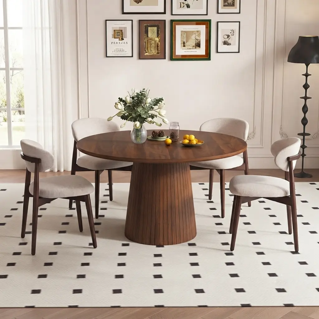 5-Piece Round Dining Table Set, 4 Upholstered Chairs – Space-Saving, Ergonomic for Kitchen/Dining Room – Natural Wood & Beige  Dining Furniture