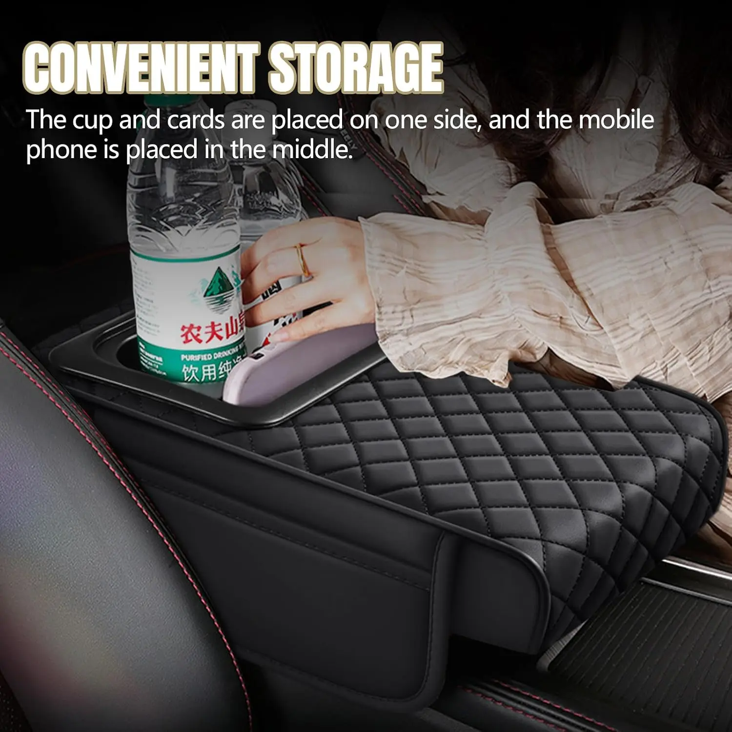Car Armrest Cushion - Multifunctional Faux Leather Armrest Cushion with Cup Holder, Phone Storage, and Ergonomic Design for All Seasons
