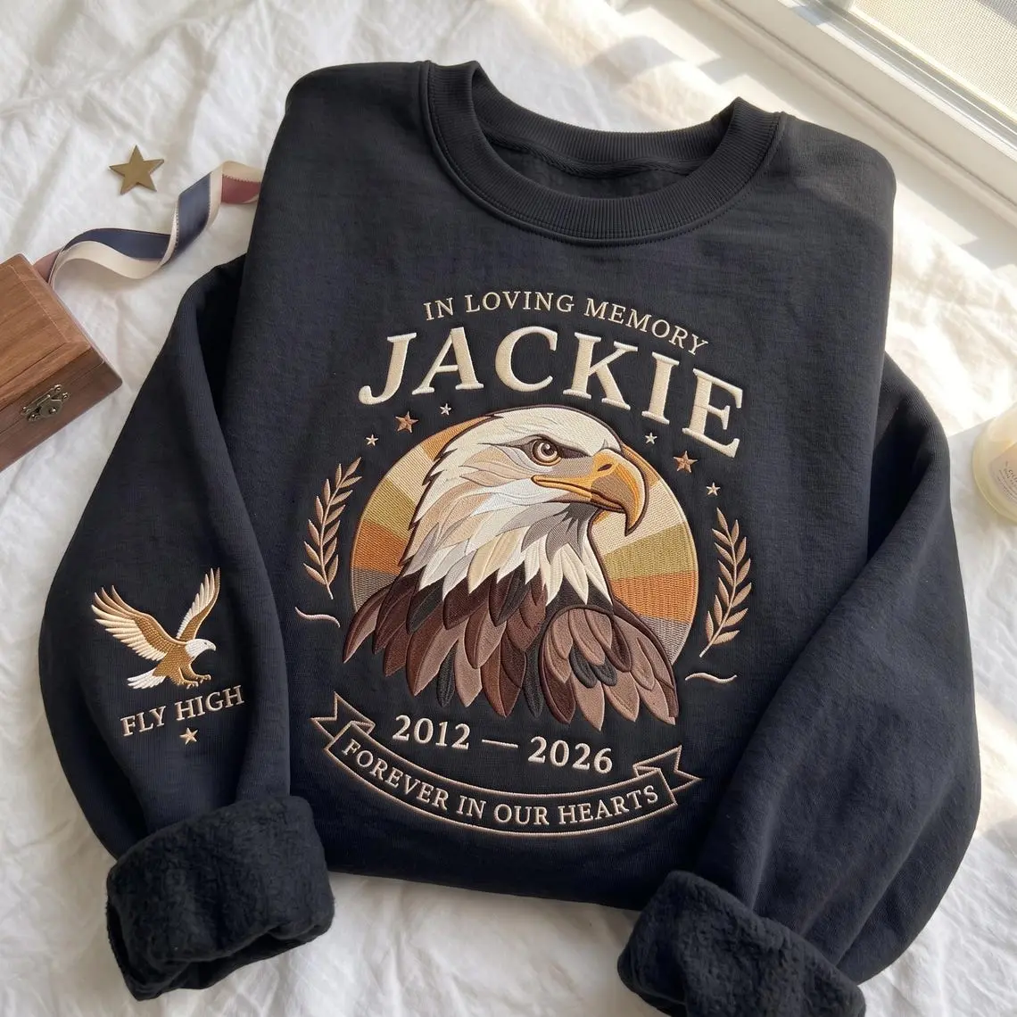 Fly Free Jackie Embroidered Sweatshirt, Jackie the Eagle Tribute, Big Bear Eagle Shirt, Bald Eagle Memorial, Wildlife Eagle Tribute Shirt