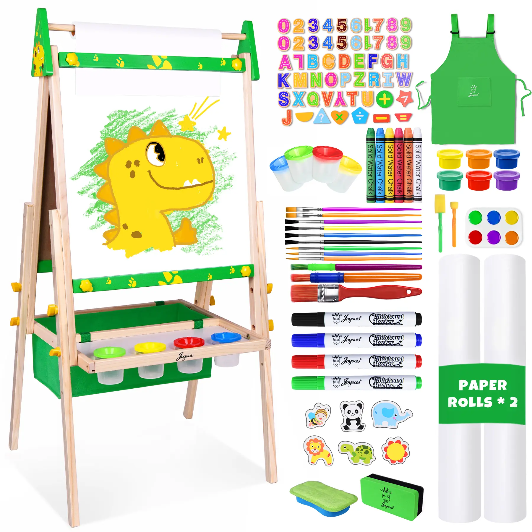 Joyooss Kids Wooden Double-Sided Easel - 134cm Art Drawing Kit (Green), 3 Adjustable Heights, Art Supplies Kit, 98+ Accessories, Built-In Tray, Paper Roll, Markers Pens