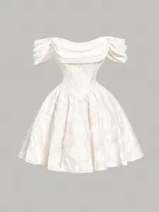 Women’s Apricot Textured Open Shoulder Puffy Mini Dress, Summer Date & Graduation Dress