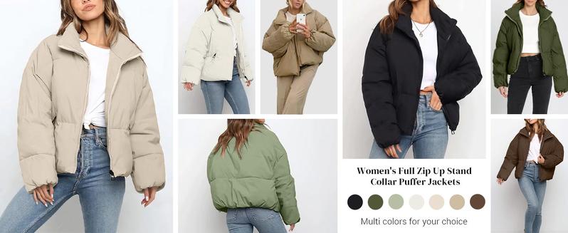 Polu Women's Winter Cropped Puffer Jacket Oversized Long Sleeve Full Zip Puffy Coat Warm Quilted Jacket with Pockets