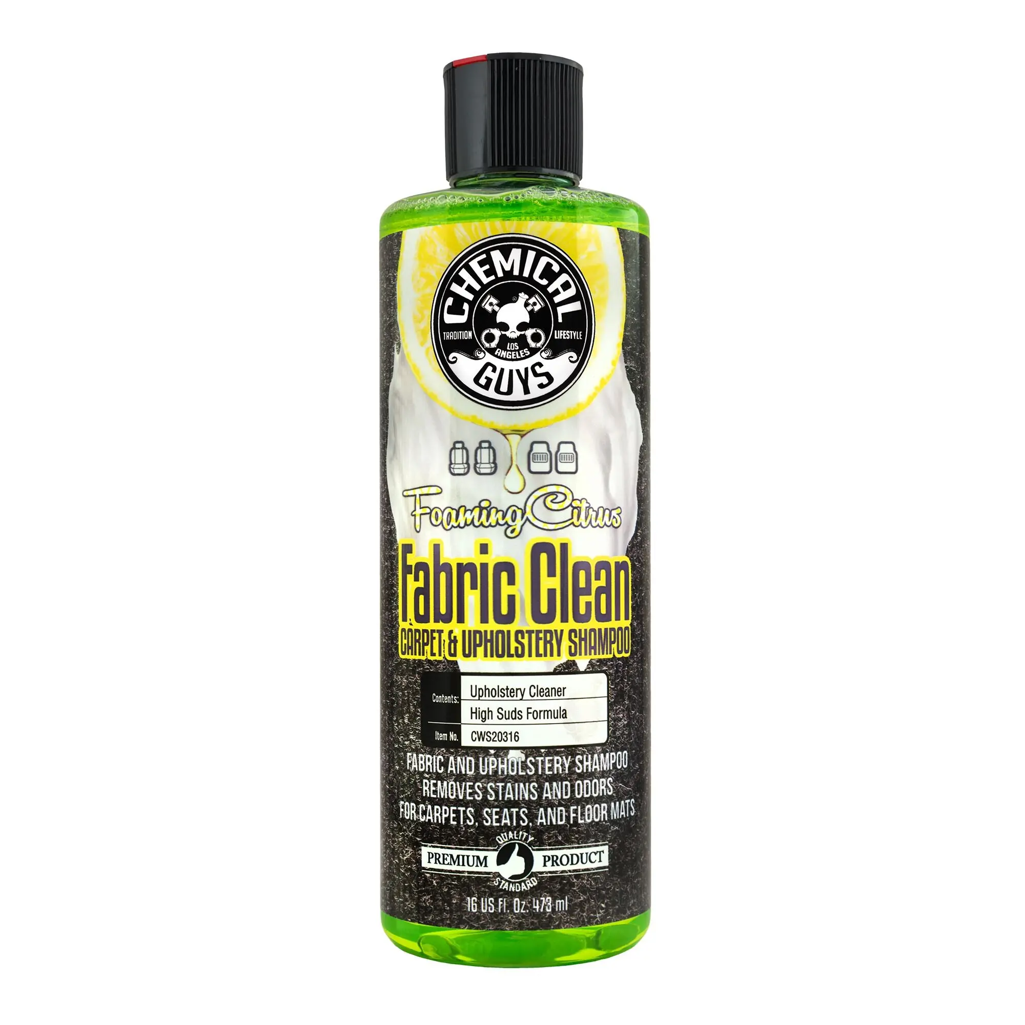 Chemical Guys 32 oz Concentrated Foaming Citrus Shampoo - Lemon Scented Car Interior Cleaning Stain Remover, Upholstery Cleaner Spray, Multi-Size All-Purpose Deep-Clean Solution with Brush & Cloth, Home Supplies, Soft Fabric Finish