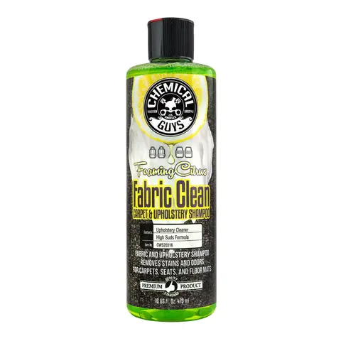 Chemical Guys 16 oz Concentrated Foaming Citrus Shampoo - Lemon Scented Car Interior Stain Remover, Upholstery Cleaner Spray, Acetaldehyde/Formaldehyde Neutralizer, 1,4-Dioxane Fighter, Soft Fabric Finish Kit with Brush & Cloth