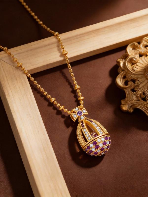 Star Chain Peach Pink Cubic Zirconia Egg Pendant Necklace Elegant Luxury Sparkling Golden Jewelry Gift for Women Fashion Pendant Necklace