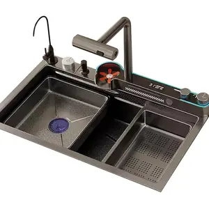 Modern 29.5 Inch Integrated Waterfall Kitchen Sink Honeycomb Technology Large Digitial Display Stainless Steel Water Filter Cup Washer