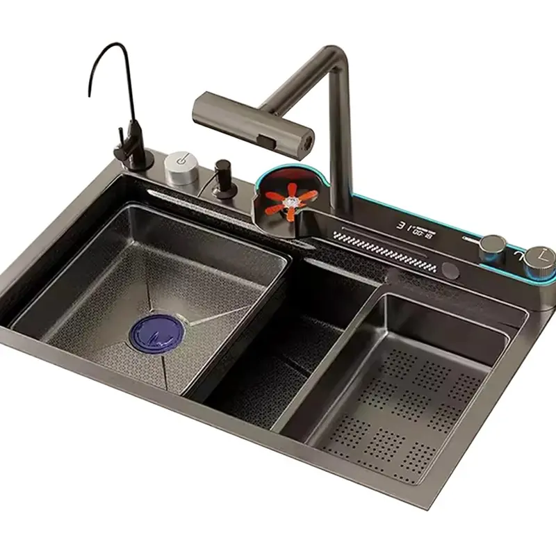 Modern 29.5 Inch Integrated Waterfall Kitchen Sink Honeycomb Technology Large Digitial Display Stainless Steel Water Filter Cup Washer