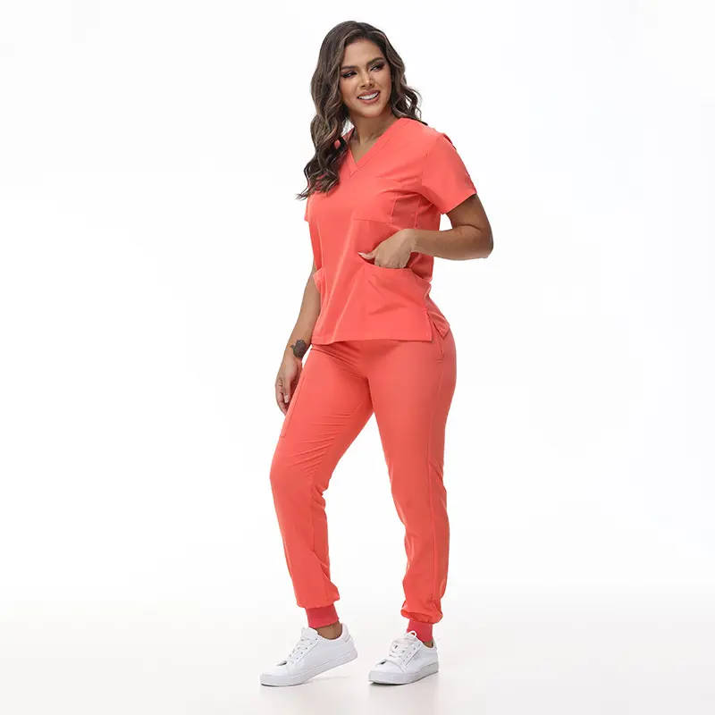 Women's V-Neck Quick Dry Polyester Nurse Scrubs Set - Stretchy, Multi-Pocket Medical Workwear, Comfortable Women's Clothes for Medical Professionals, Machine Washable, Multi Pockets, Slim-Fitting, Basic, Minimalist, Basic Look, Multi-Pocketed