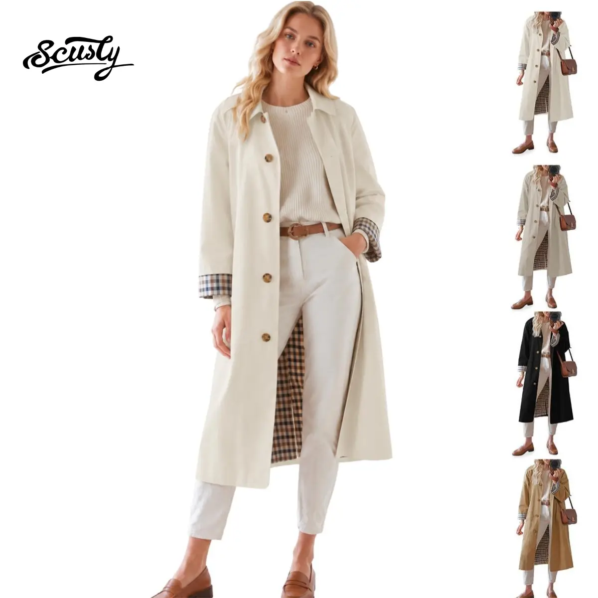SCUSTY Womens Long Trench Coat Single Breasted Oversized Windproof Overcoat Fashion Mid-Length Trench Coat