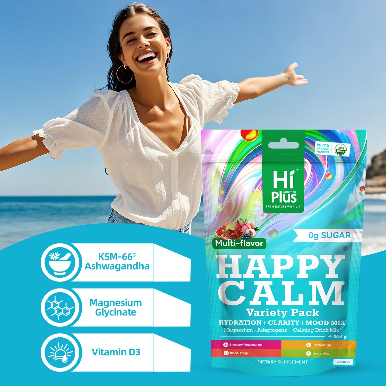 HiPlus Happycalm – Calming Drink Mix with KSM-66 Ashwagandha, Vitamin D3, Magnesium & L-Theanine(Multi-flavor) – Supports Cortisol Balance, Mood & Sleep, Helps Manage Occasional Stress – Travel Packets (20 Servings)