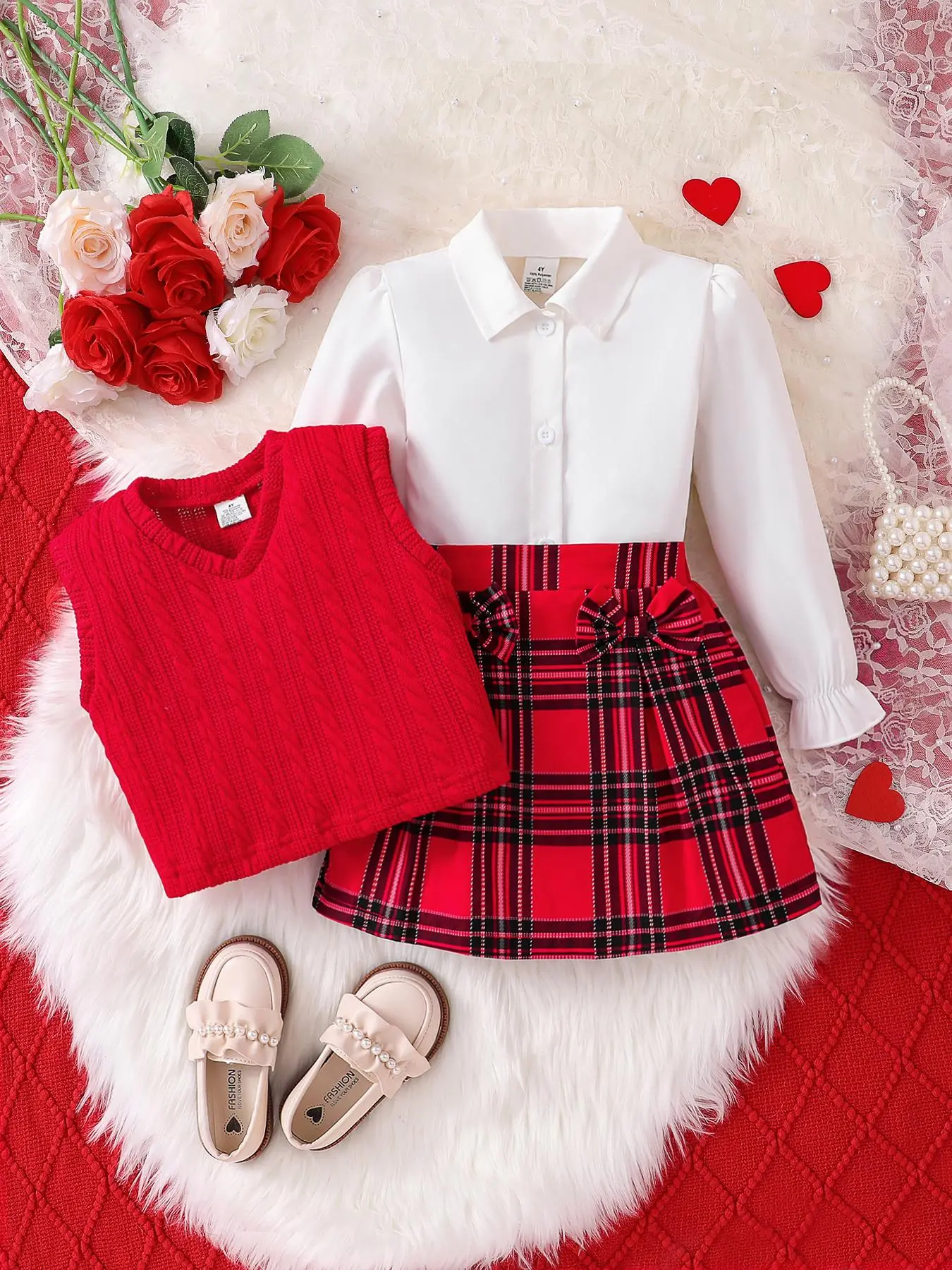 3-Piece Stylish Girls Set for Spring & Fall, Includes Long Sleeve Button-Up Shirt, Knit Vest, and Plaid Skirt with Bow, Comfortable Casual Wear for Kids' Daily Activities, Clothing Sets, Fine Girls Outfit, Casual Fashion Set, Clothes Sets